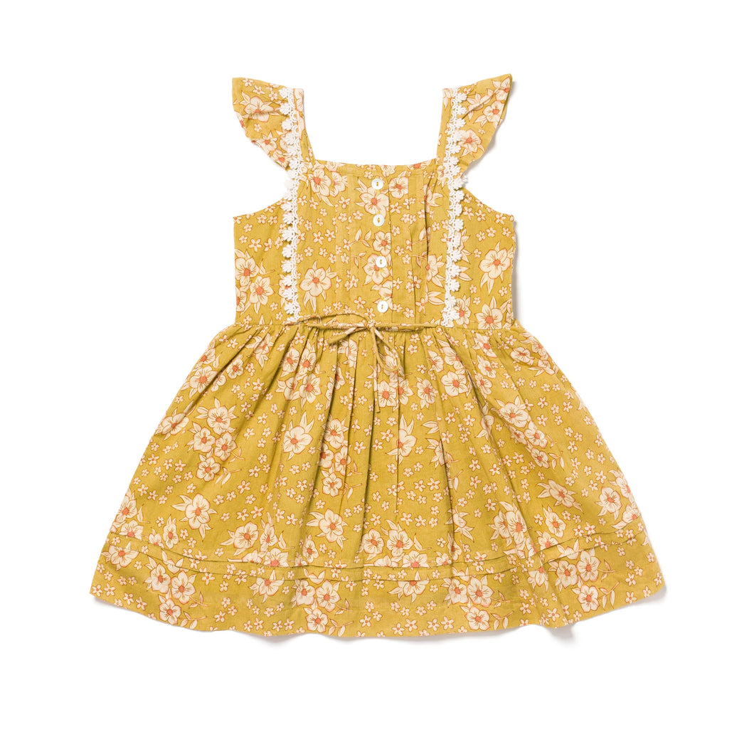 Pinafore Dress, Mustard Flower Print